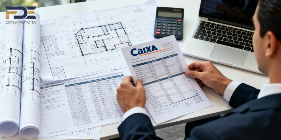 Profissional analisando projetos e documentação para financiamento de construção pela Caixa